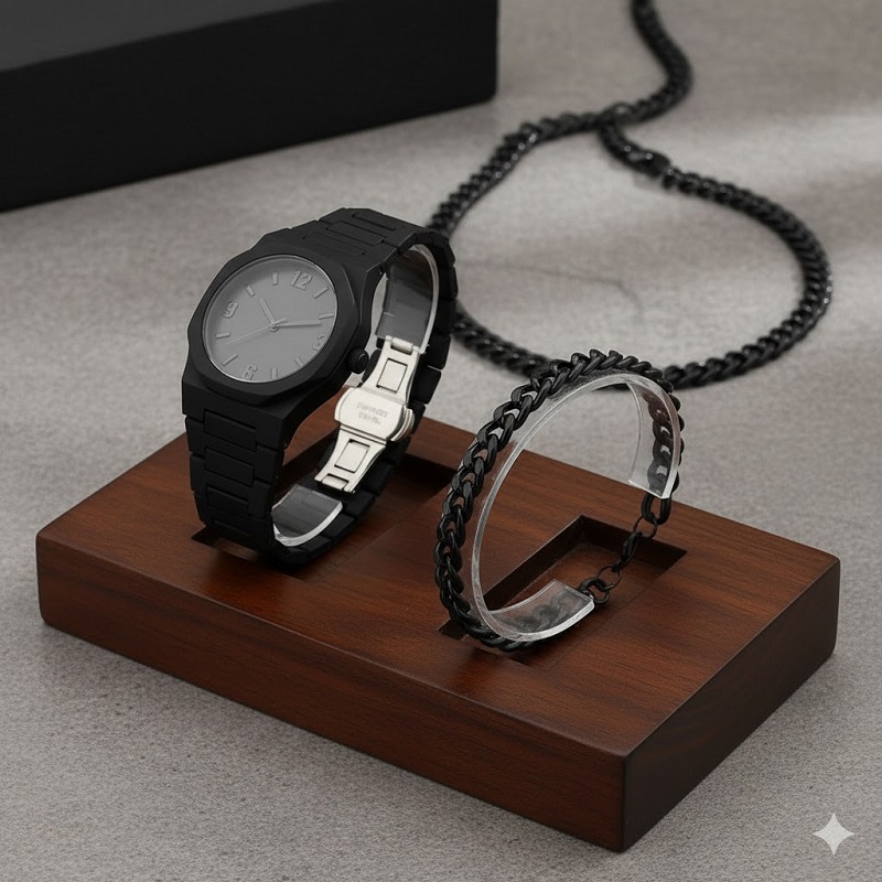 ست مردانه ساعت و دستبند و گردنبند solid black-مشکی