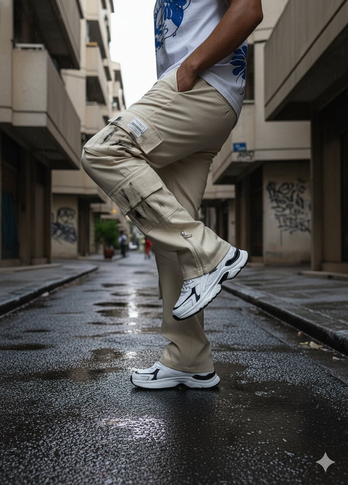 شلوار کارگو شش جیب پایین زیپ مدل sami-کرم